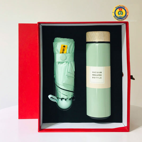Bộ Giftset Bình Giữ Nhiệt Nắp Gỗ Và Dù Màu Xanh